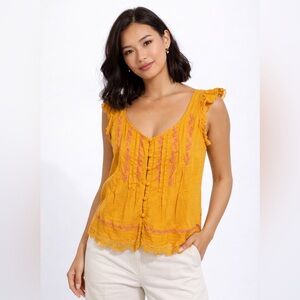 Maeve Anthropologie Mustard Yellow Embroidered Boho Tank Top Size L